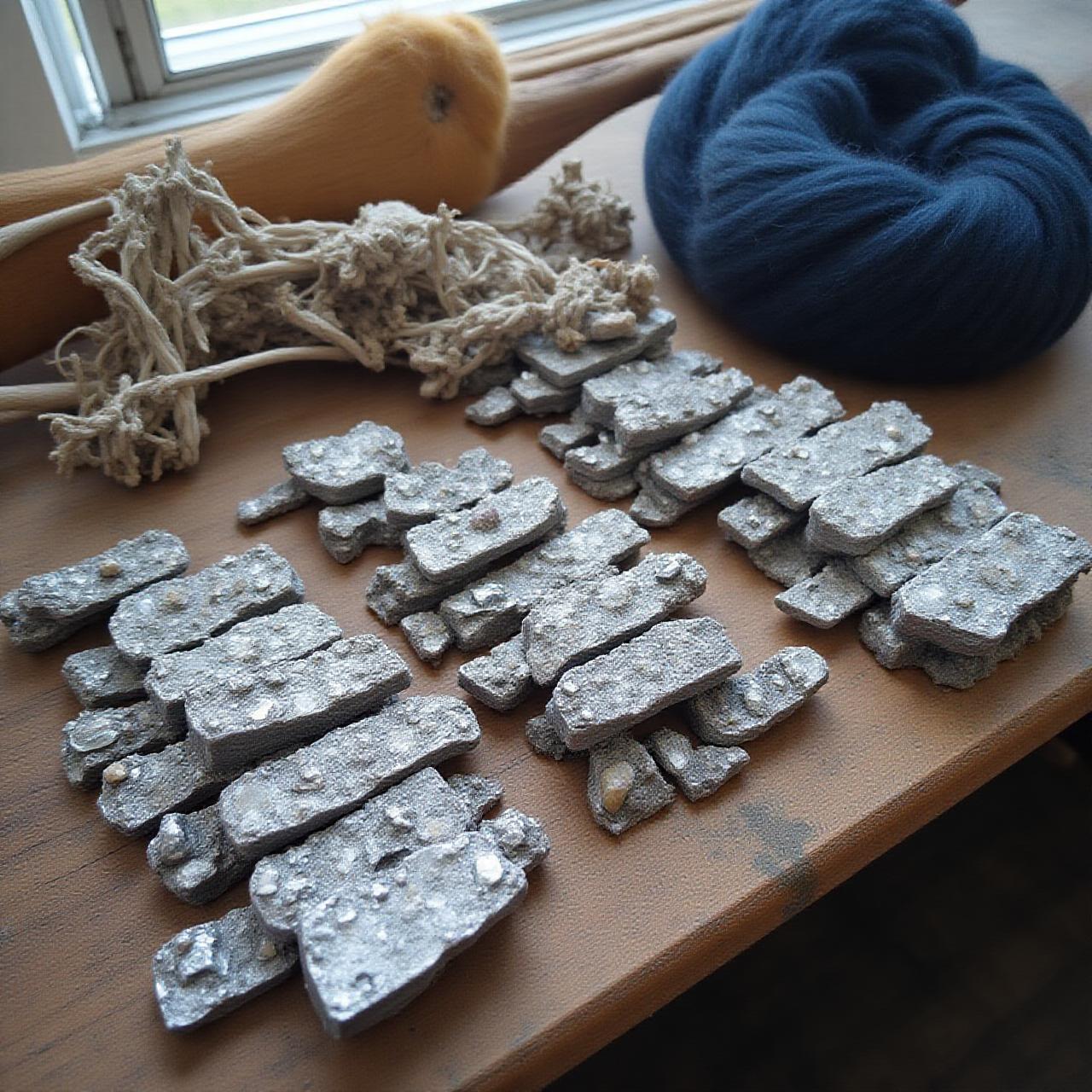 Selection of raw Highland materials: silver, wood, and stones