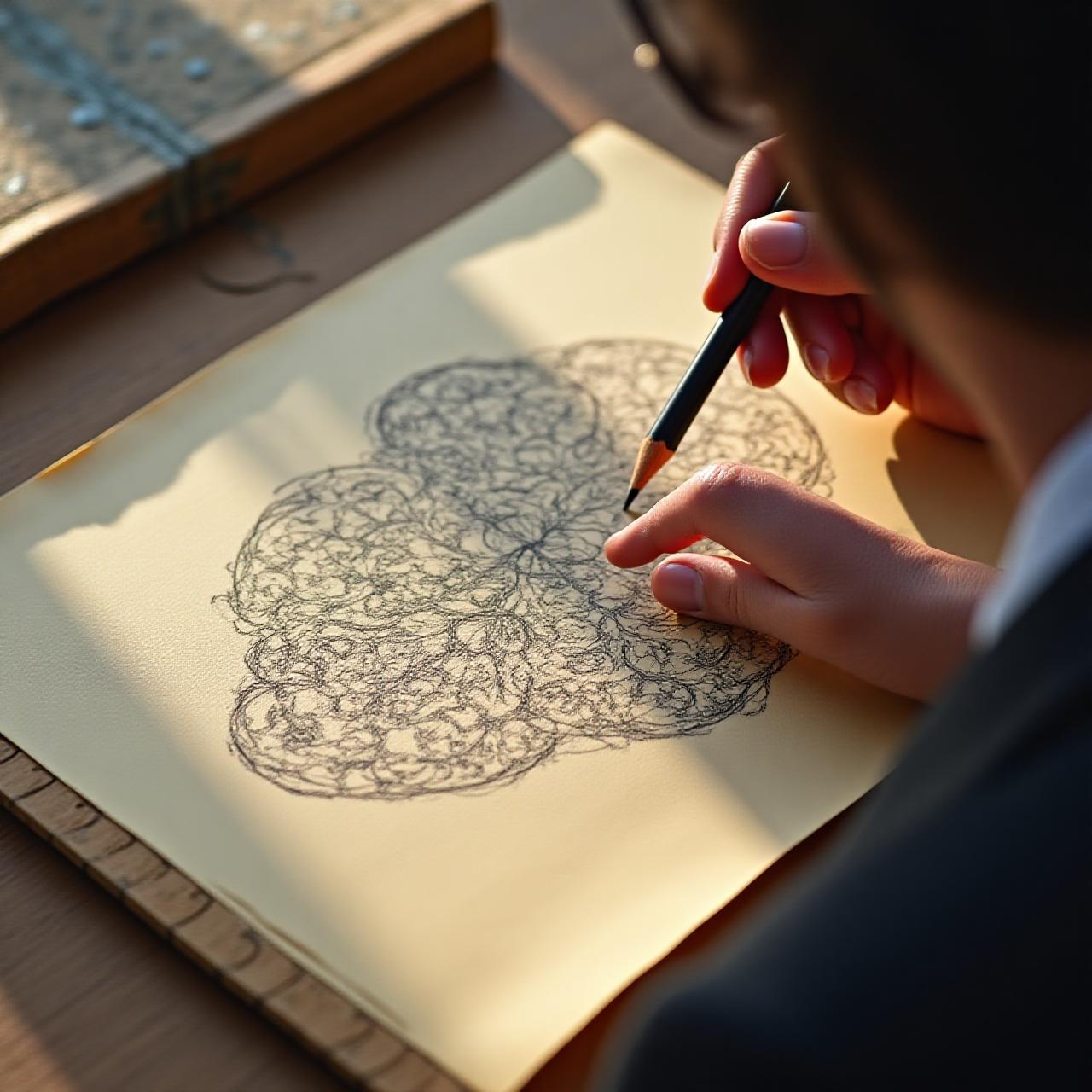 Close-up of a designer sketching philosophical motifs on high-quality parchment